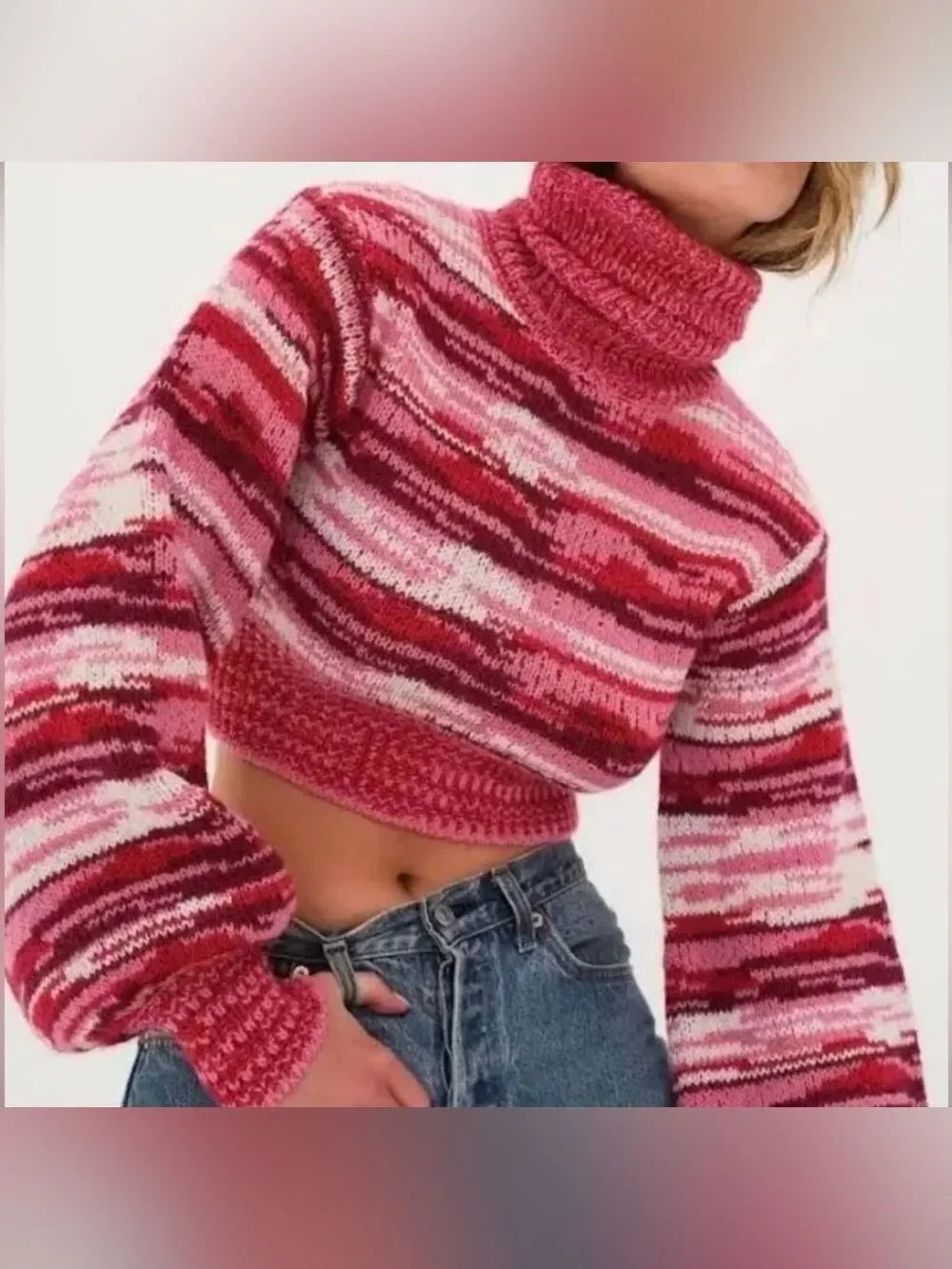 For Love And Lemons Wilma Cropped Turtleneck Sweater Red Multi Space Dye Sz S